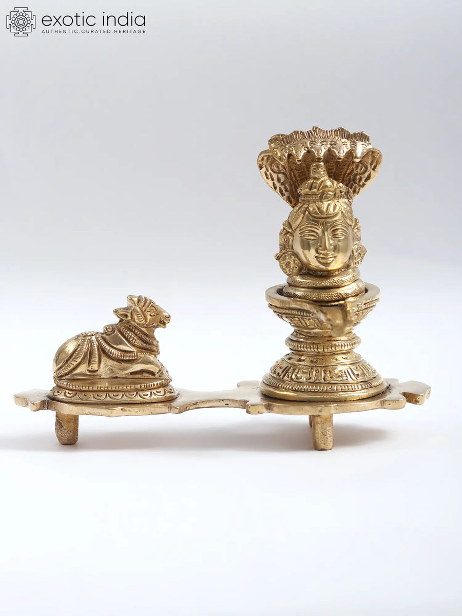 6" Nandi Shivalinga with Five-Hooded Naga Brass Statue