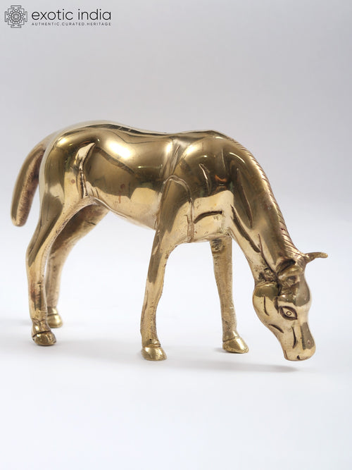 6" Small Brass Horse Grazing Grass Animal Statue Home Decor