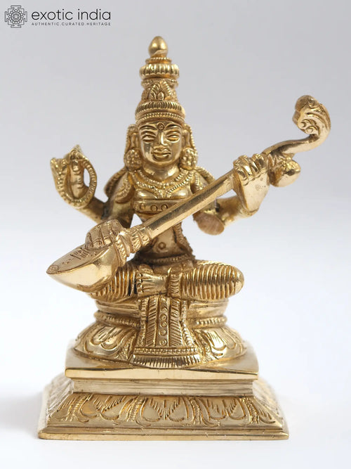 4" Small Devi Saraswati Handmade Brass Statue