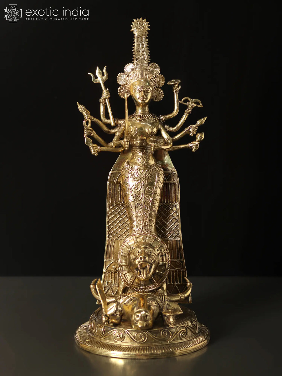 13" Standing Goddess Durga Tribal Brass Statue | Dhokra Art