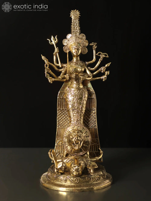 13" Standing Goddess Durga Dhokra Brass Statue Handmade