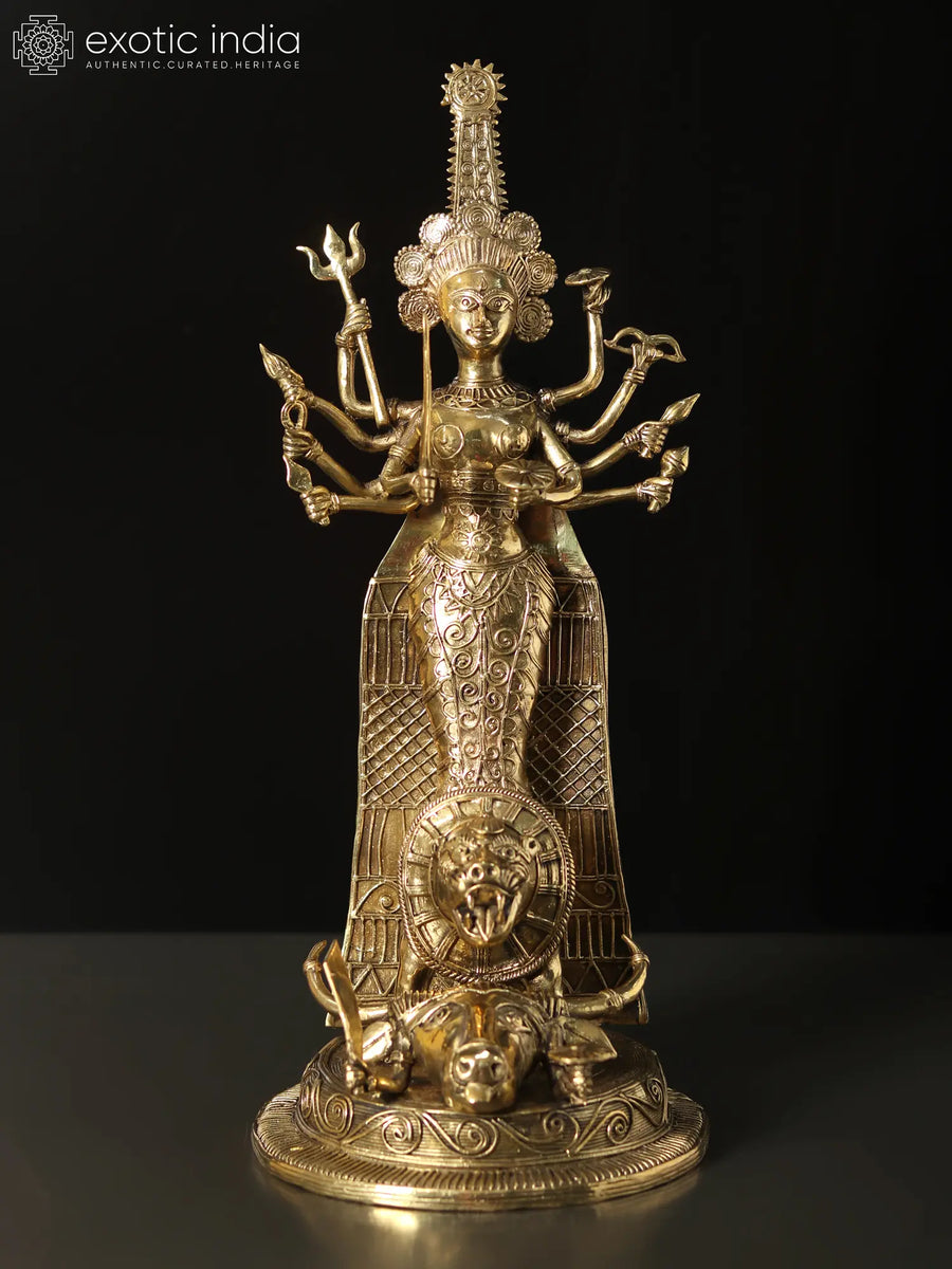 13" Standing Goddess Durga Dhokra Brass Statue Handmade