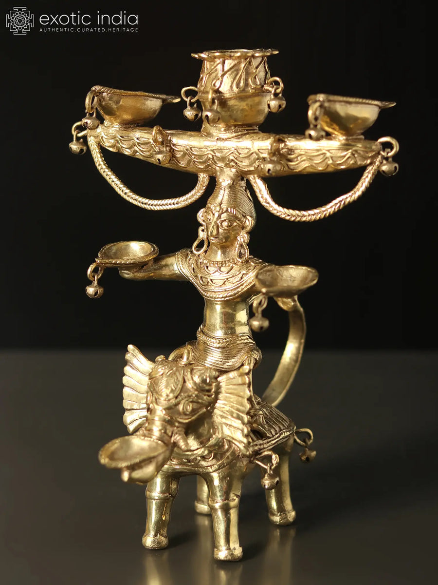 9" Dhokra Brass Elephant Tribal Lamp with Handmade Art Design