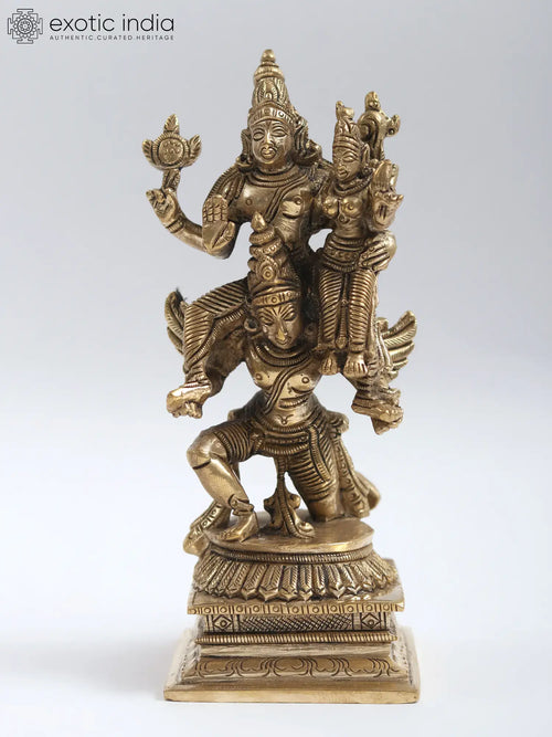 5" Lord Vishnu with Goddess Lakshmi Brass Statue on Garuda