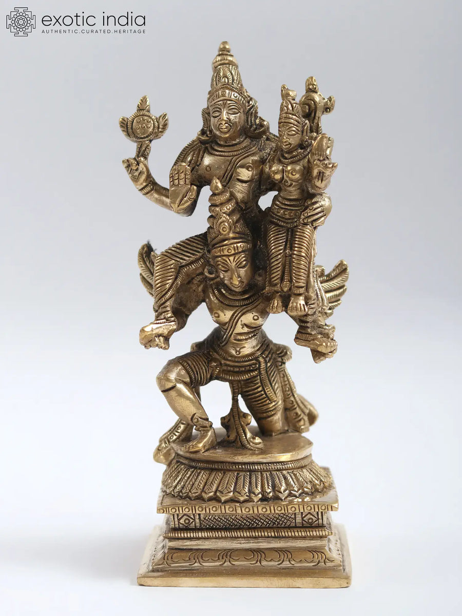 5" Lord Vishnu with Goddess Lakshmi Brass Statue on Garuda