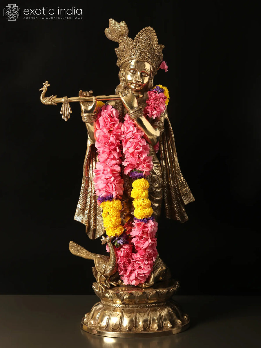 31" Lord Krishna Playing Flute Handmade Brass Statue