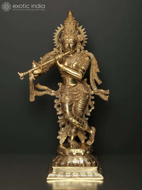26" Lord Krishna Idol Playing Flute | Brass Statue