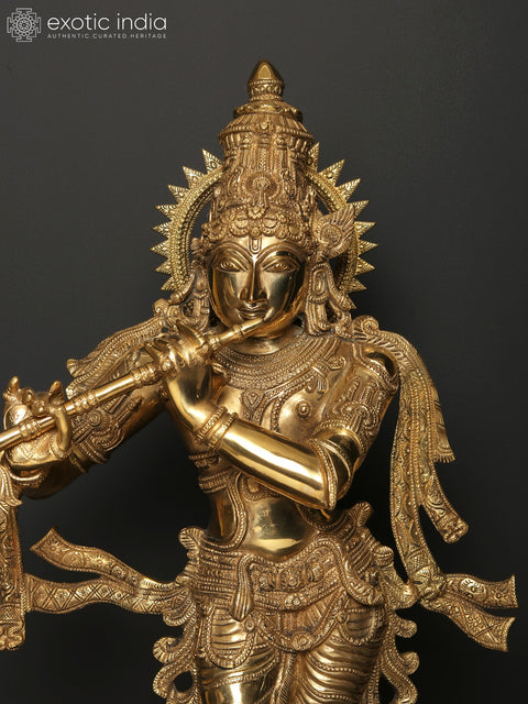 26" Lord Krishna Idol Playing Flute | Brass Statue