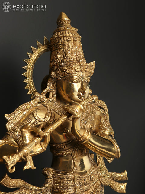 26" Lord Krishna Idol Playing Flute | Brass Statue