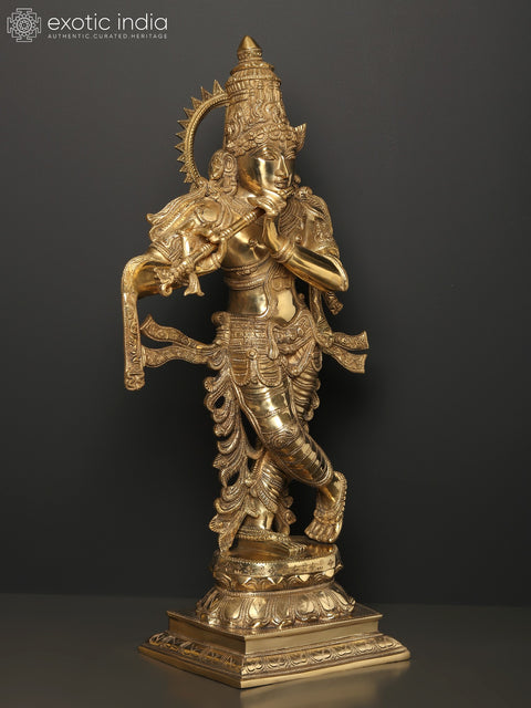 26" Lord Krishna Idol Playing Flute | Brass Statue