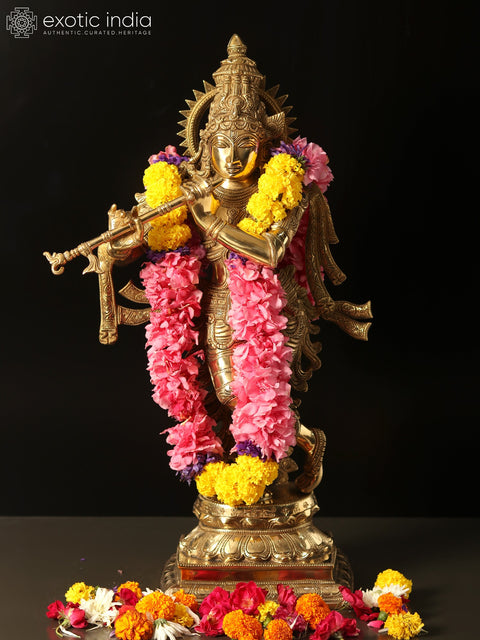 26" Lord Krishna Idol Playing Flute | Brass Statue