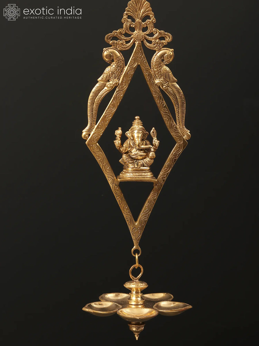 17" Ganesha Five Wicks Brass Wall Hanging Lamp for Pooja