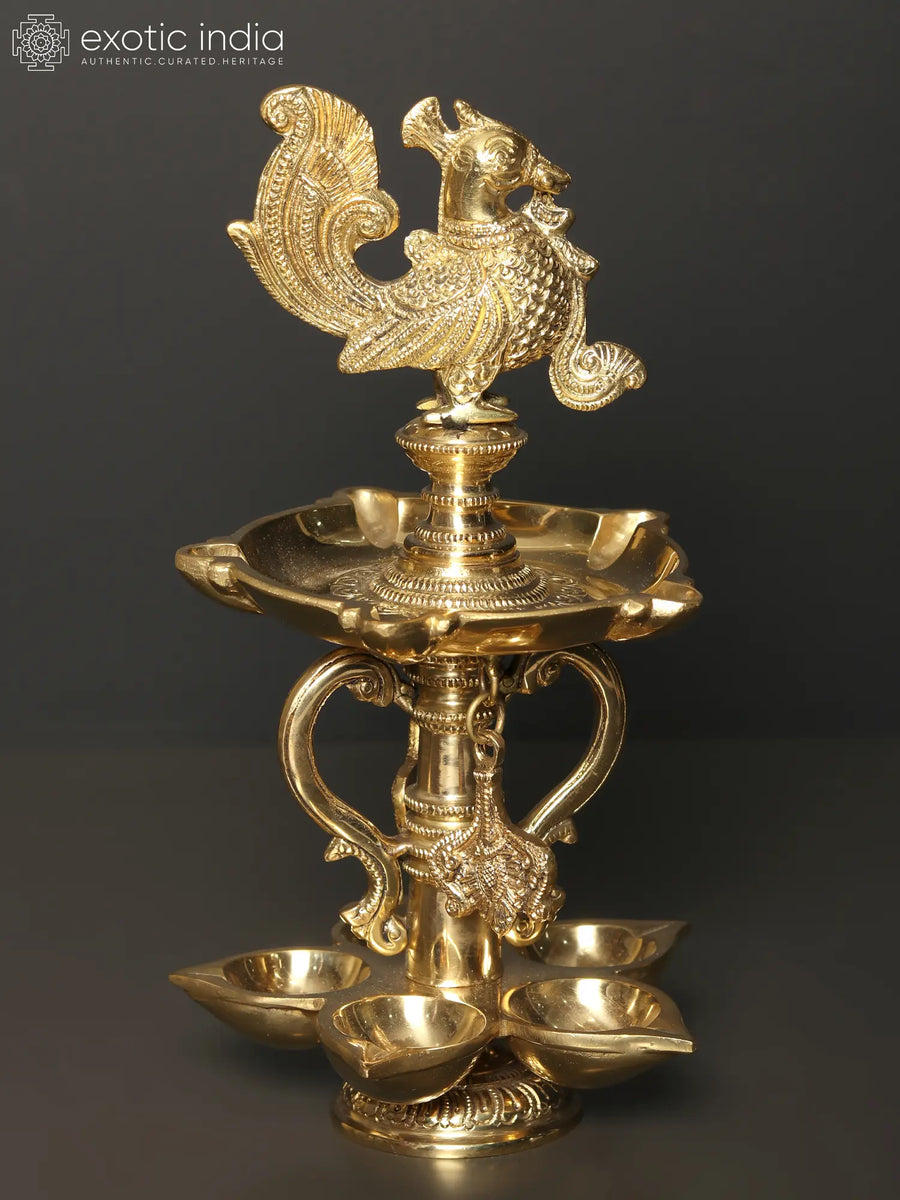 9" Brass Peacock Oil Lamp with Ten Wicks Handmade