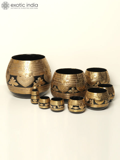 33" Sherpai Suri Bowls (Set of Nine Bowls) | Wood and Brass