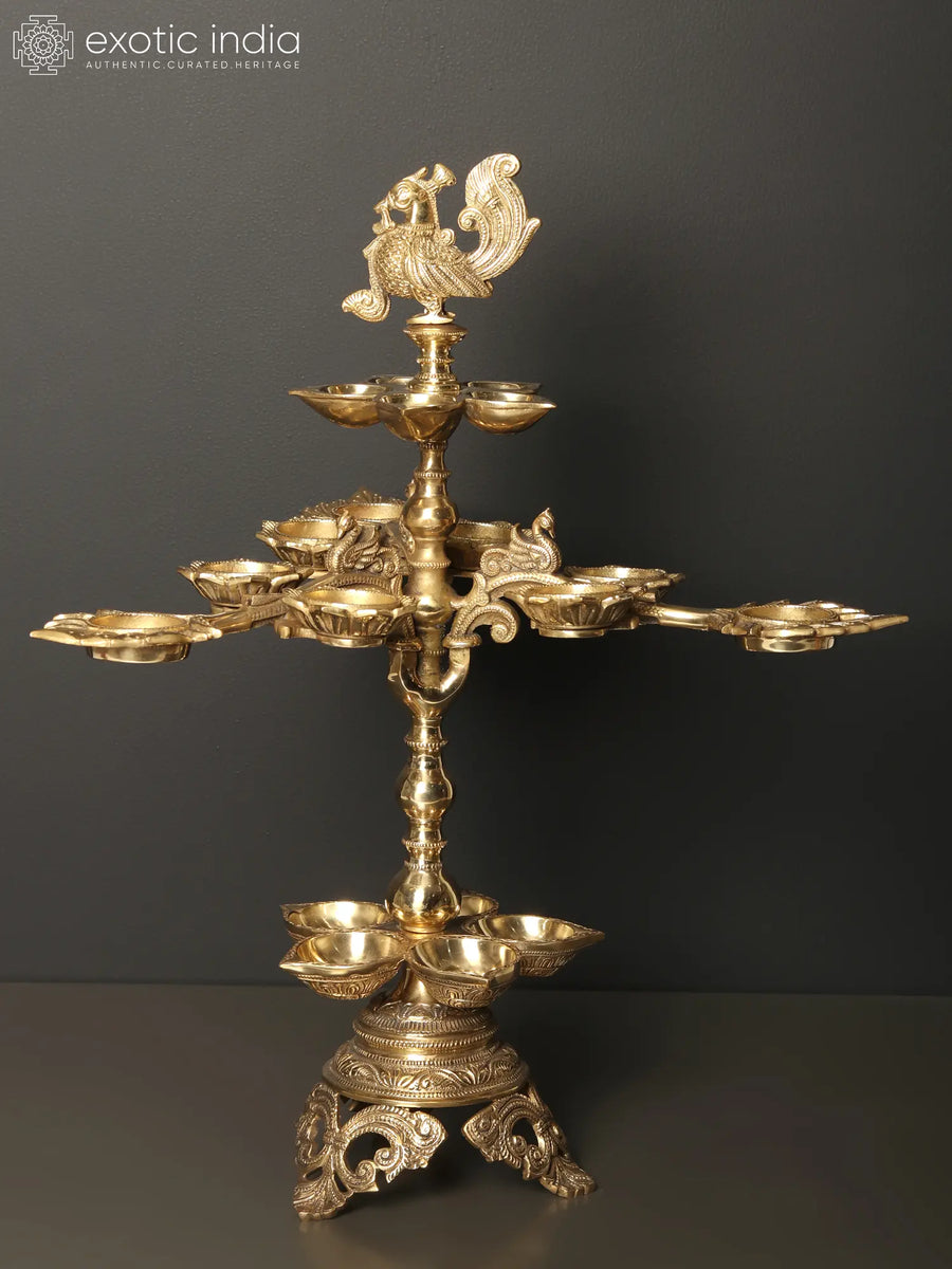 20" Brass Peacock Nineteen Wicks Oil Lamp for Pooja