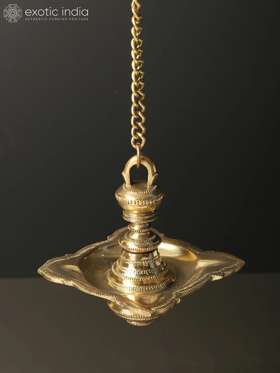 6" Brass Four Wicks Wall Hanging Lamp for Pooja