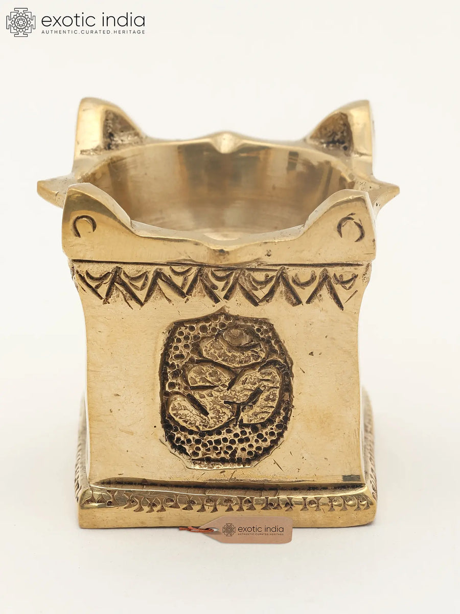 3" Designer Brass Diya with Hindu Symbols for Pooja