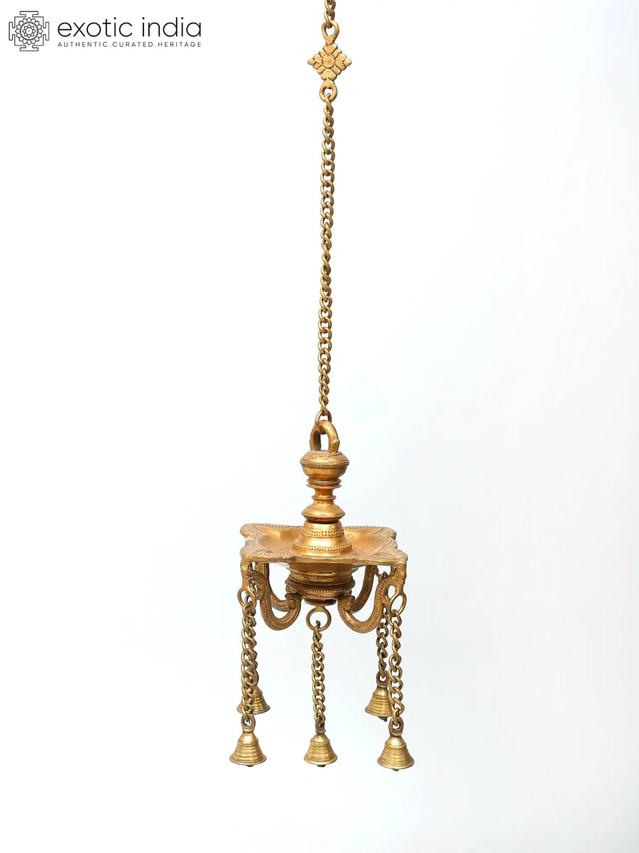 6" Four Wicks Brass Designer Lamp with Dangling Bells