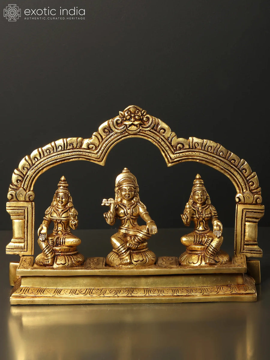 11" Lord Aiyanar with Purana and Pushkala Brass Statue