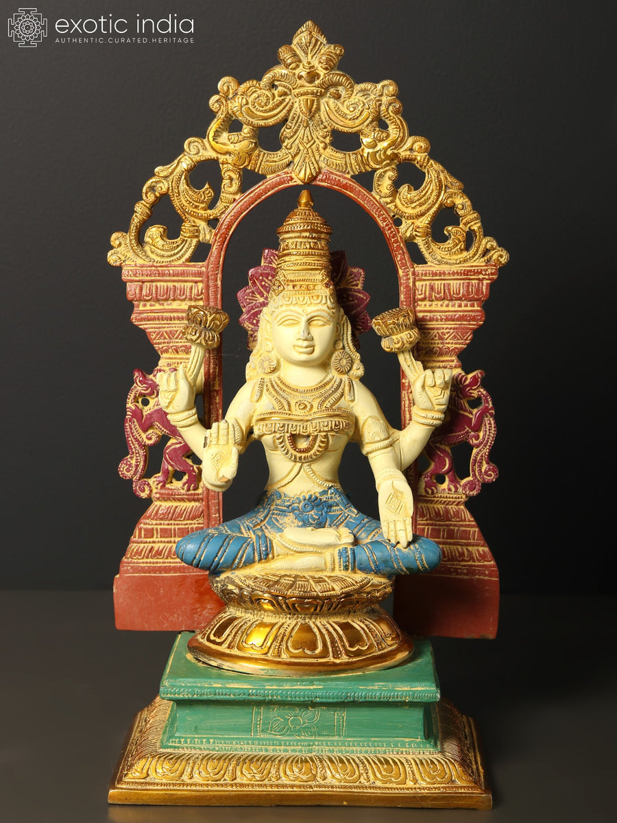 12" Brass Goddess Lakshmi Seated on Kirtimukha Throne Statue