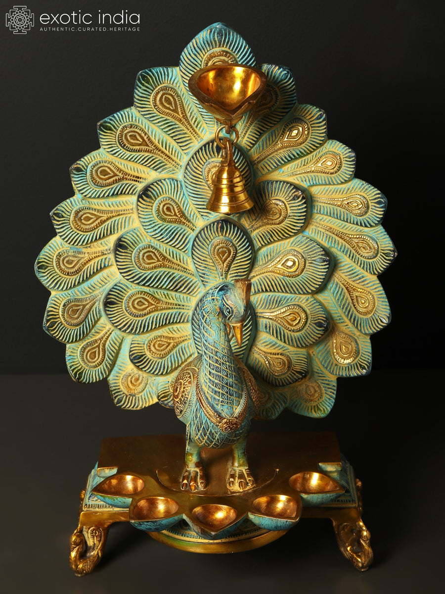 14" Peacock Brass Oil Lamp with Six Wicks and Hanging Bell