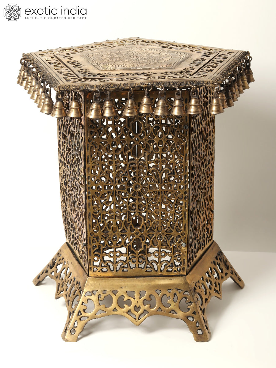 22" Pentagon Brass Pedestal with Dangling Bells for Home Decor