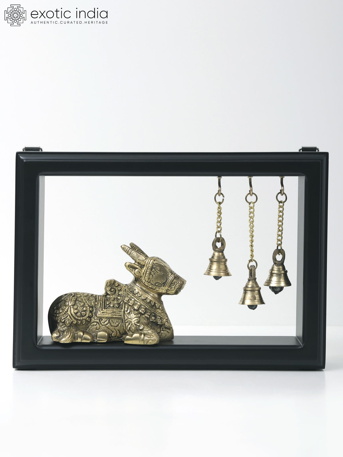12" Brass Nandi with Bells Wooden Framed Wall Hanging