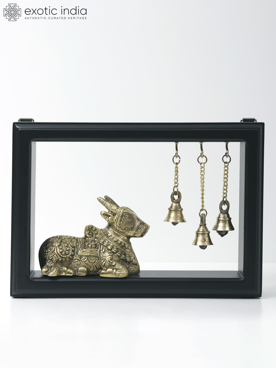 12" Brass Nandi with Bells Wooden Framed Wall Hanging