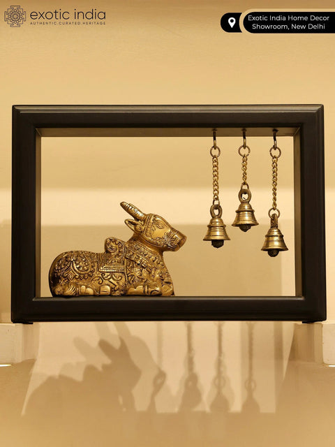 12" Wooden Framed Brass Nandi with Bells | Wall Hanging
