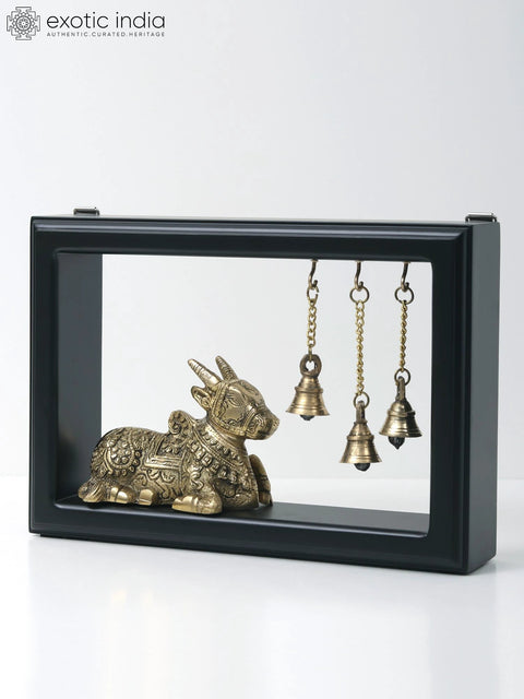 12" Wooden Framed Brass Nandi with Bells | Wall Hanging