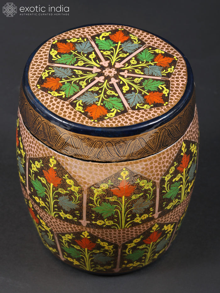 6" Hand Painted Papier Mache Barrel Box with Brass Interior