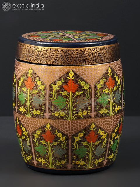 6" Hand Painted Papier Mache Barrel Box with Brass Inside | From Kashmir