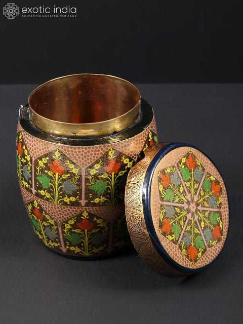 6" Hand Painted Papier Mache Barrel Box with Brass Inside | From Kashmir