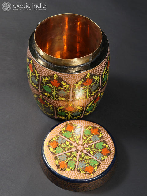 6" Hand Painted Papier Mache Barrel Box with Brass Inside | From Kashmir