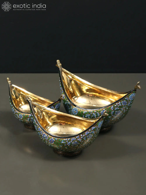 8" Hand Painted Kashmiri Papier Mache Bowls Set of 3 with Brass Inside