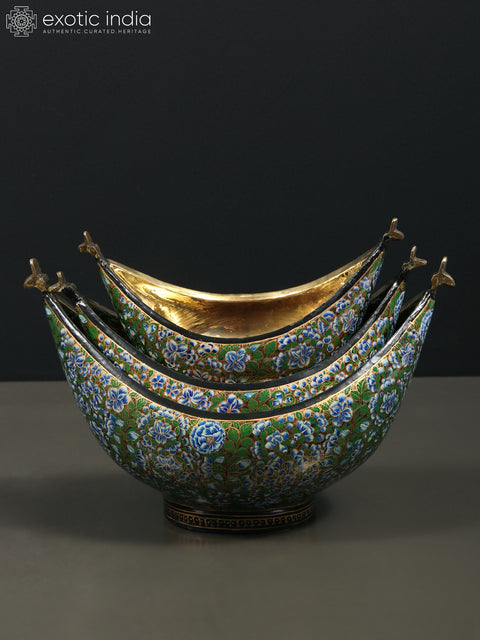 8" Hand Painted Boat Shaped Papier Mache Kashmiri Bowls (Set of 3) with Brass Inside