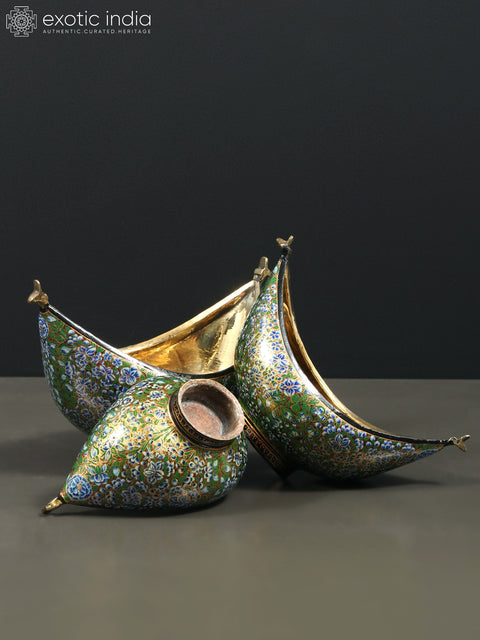 8" Hand Painted Boat Shaped Papier Mache Kashmiri Bowls (Set of 3) with Brass Inside