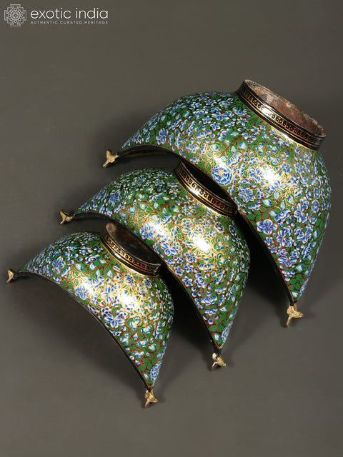 8" Hand Painted Boat Shaped Papier Mache Kashmiri Bowls (Set of 3) with Brass Inside