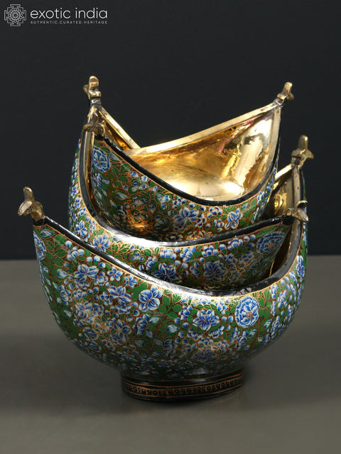 8" Hand Painted Boat Shaped Papier Mache Kashmiri Bowls (Set of 3) with Brass Inside