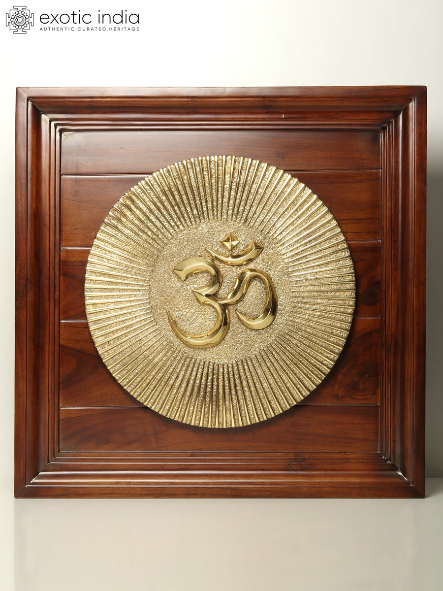 27" Teakwood Framed Brass Om Wall Hanging for Pooja