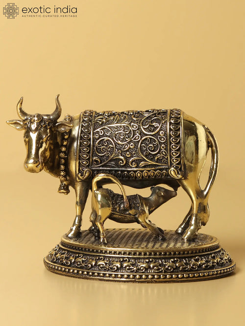 Brass Kamdhenu Cow with Calf Statue for Home Decor
