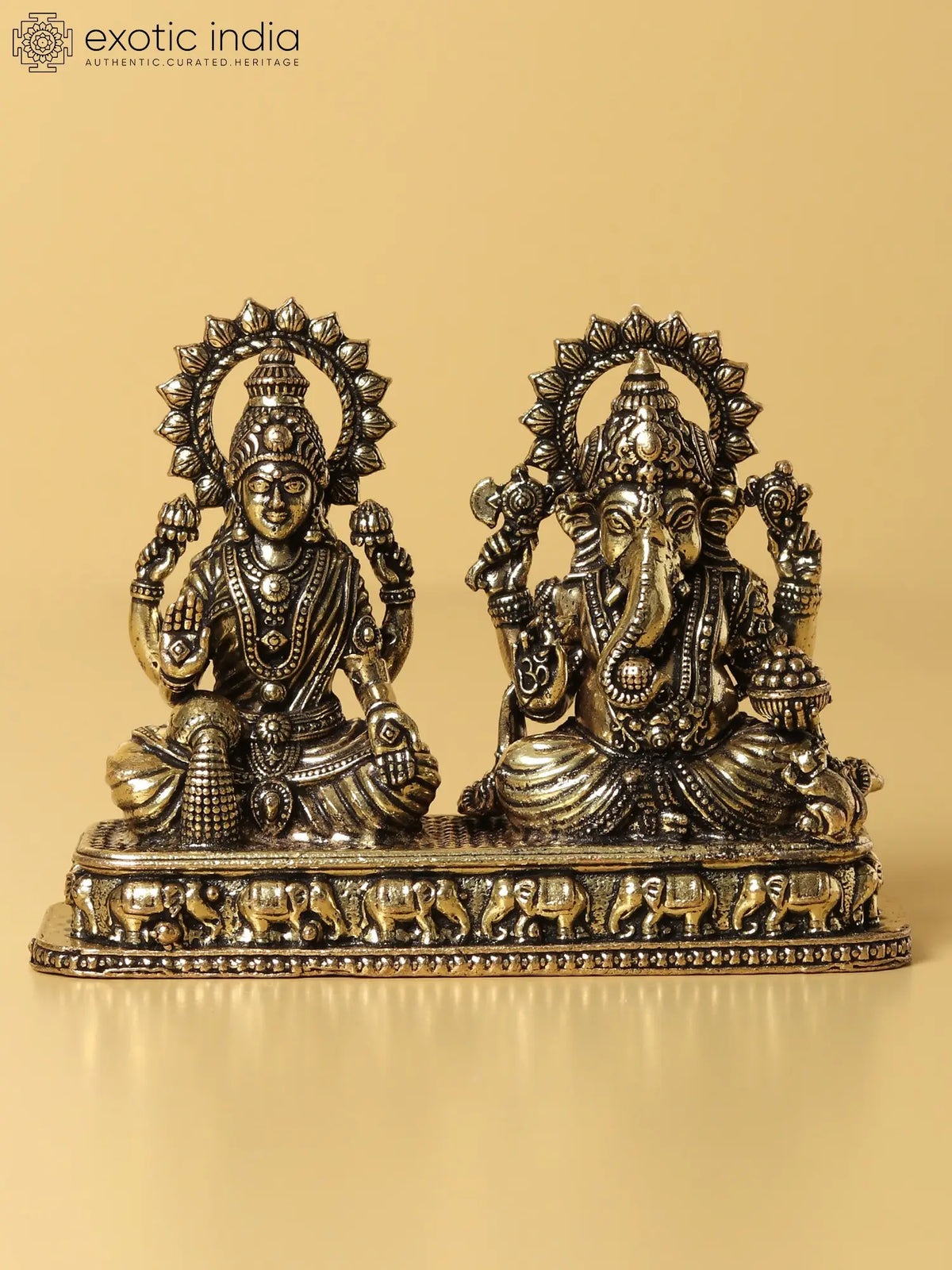 3" Small Brass Goddess Lakshmi And Lord Ganesha
