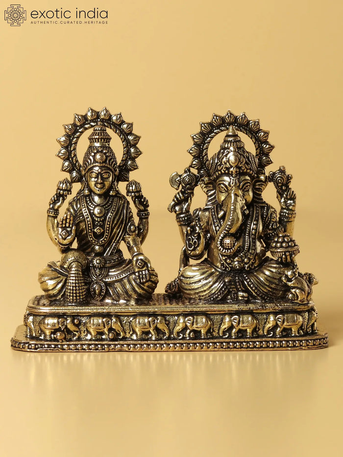 3" Small Brass Goddess Lakshmi And Lord Ganesha