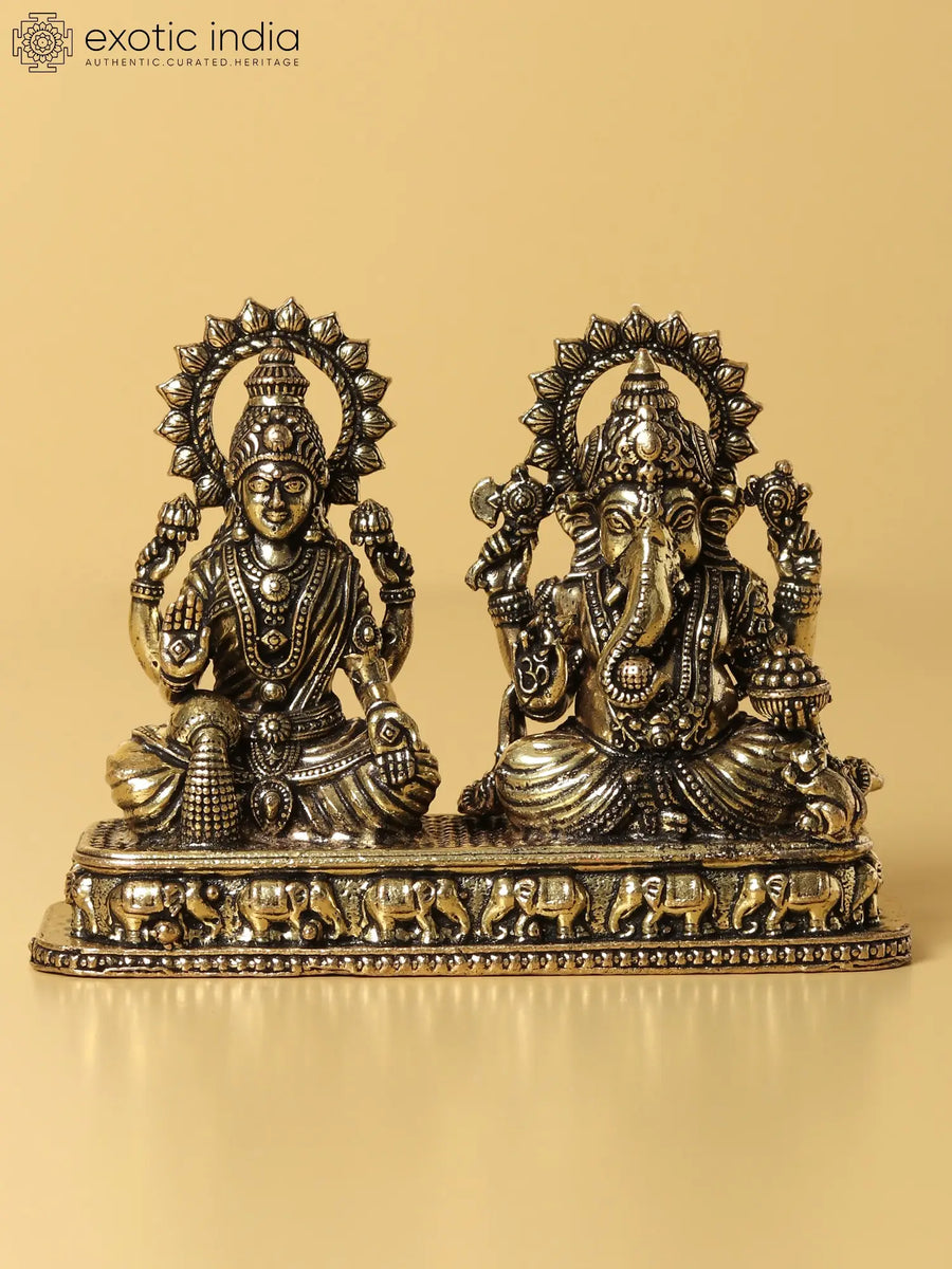 3" Brass Goddess Lakshmi and Lord Ganesha Statue Set