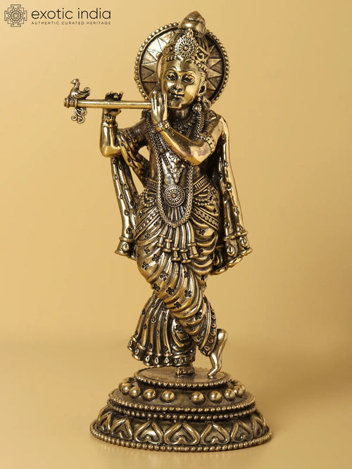 7" Brass Lord Krishna Playing Flute Handmade Statue