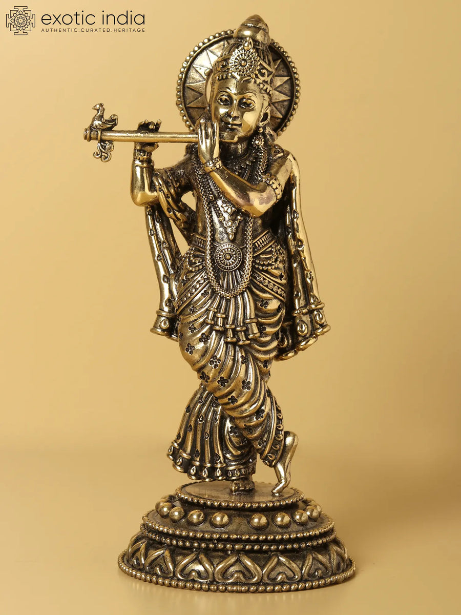 7" Brass Lord Krishna Playing Flute Handmade Statue