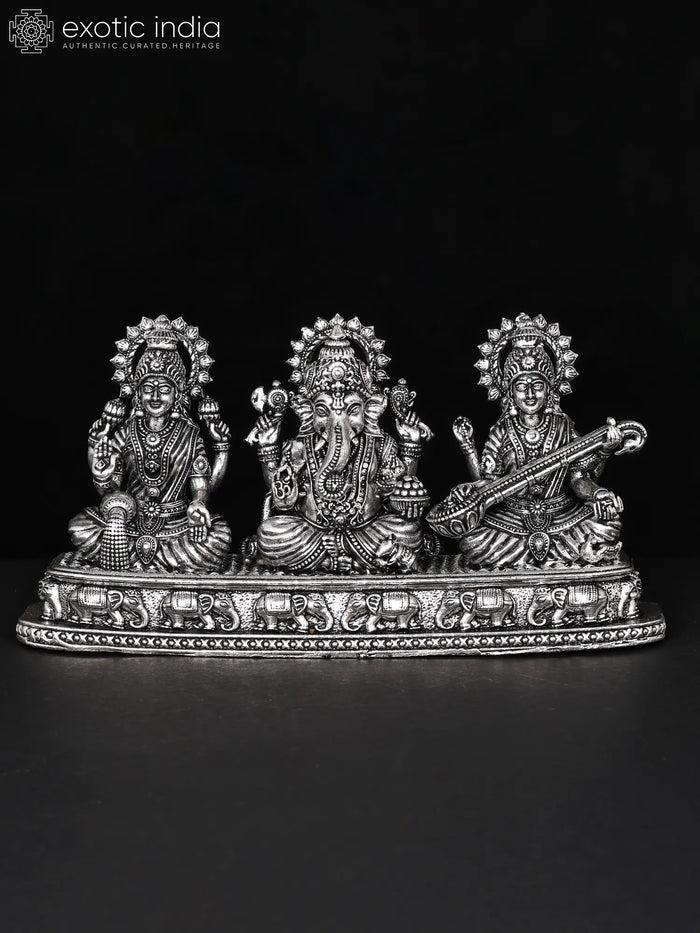 Goddess Lakshmi, Saraswati and Lord Ganesha Small Brass Idol