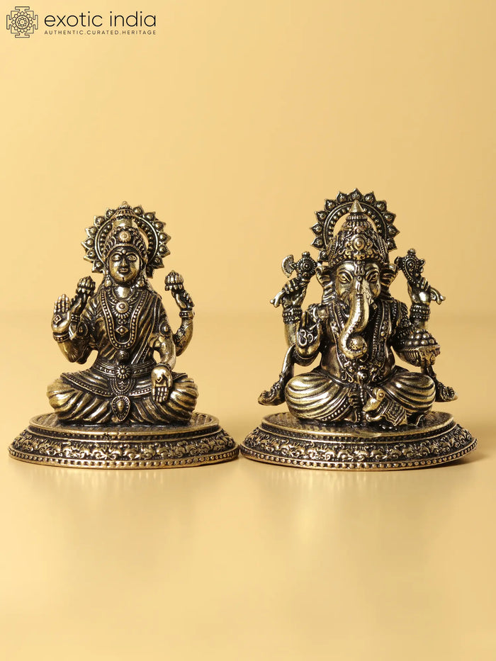 2" Seated Lord Ganesha with Goddess Lakshmi | Small Size Brass Statue