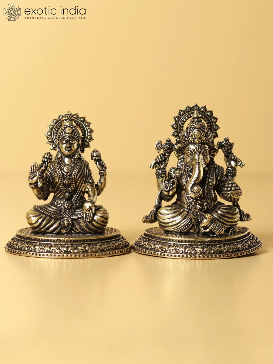 2" Seated Lord Ganesha with Goddess Lakshmi Brass Statue