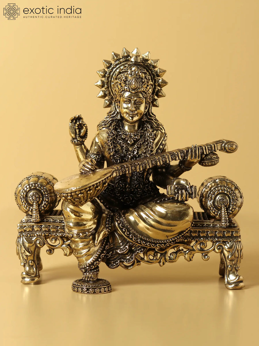 Goddess Saraswati Seated Brass Idol for Home Pooja